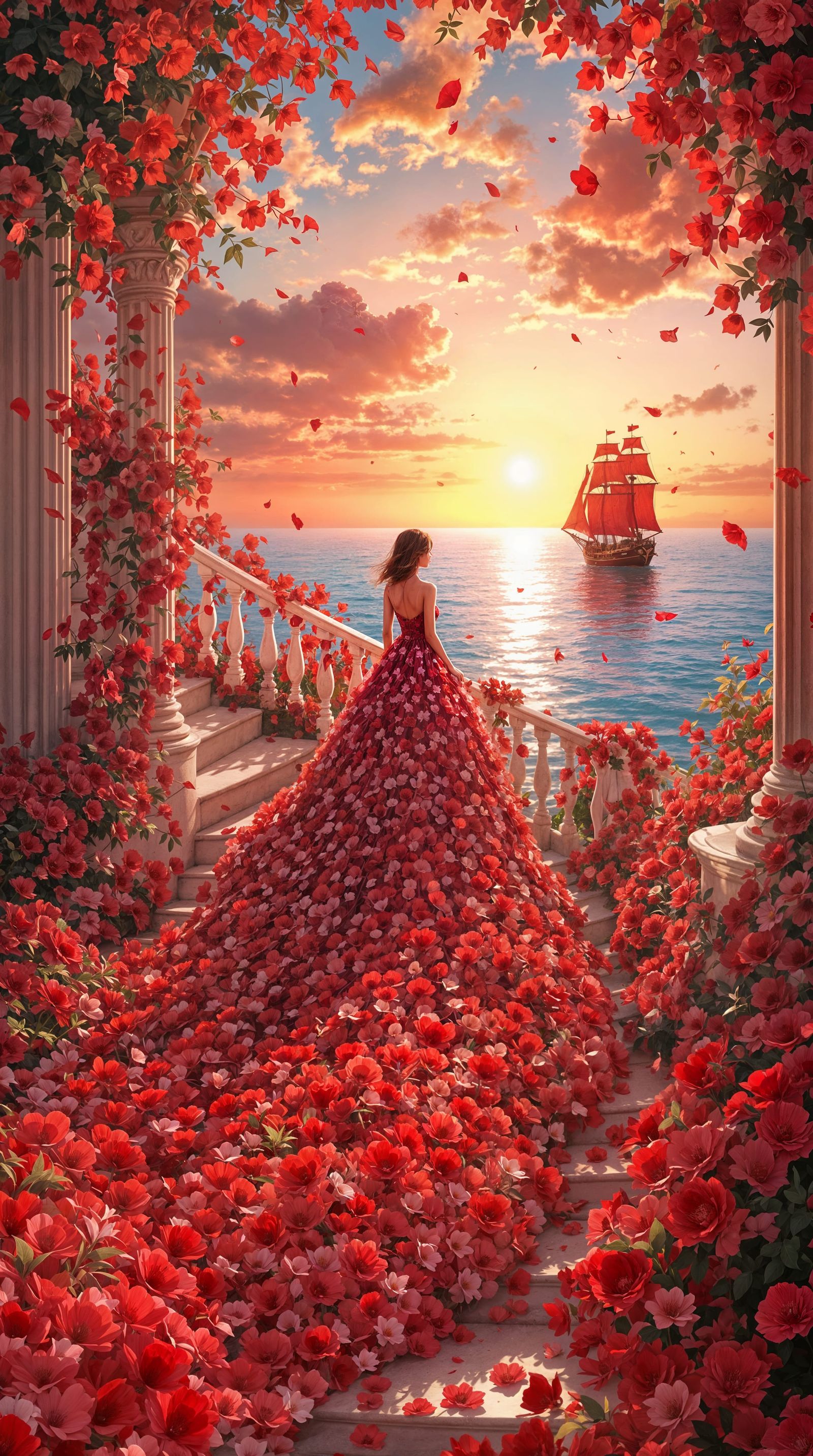 Grand Staircase Ascension in a Vibrant Floral Gown