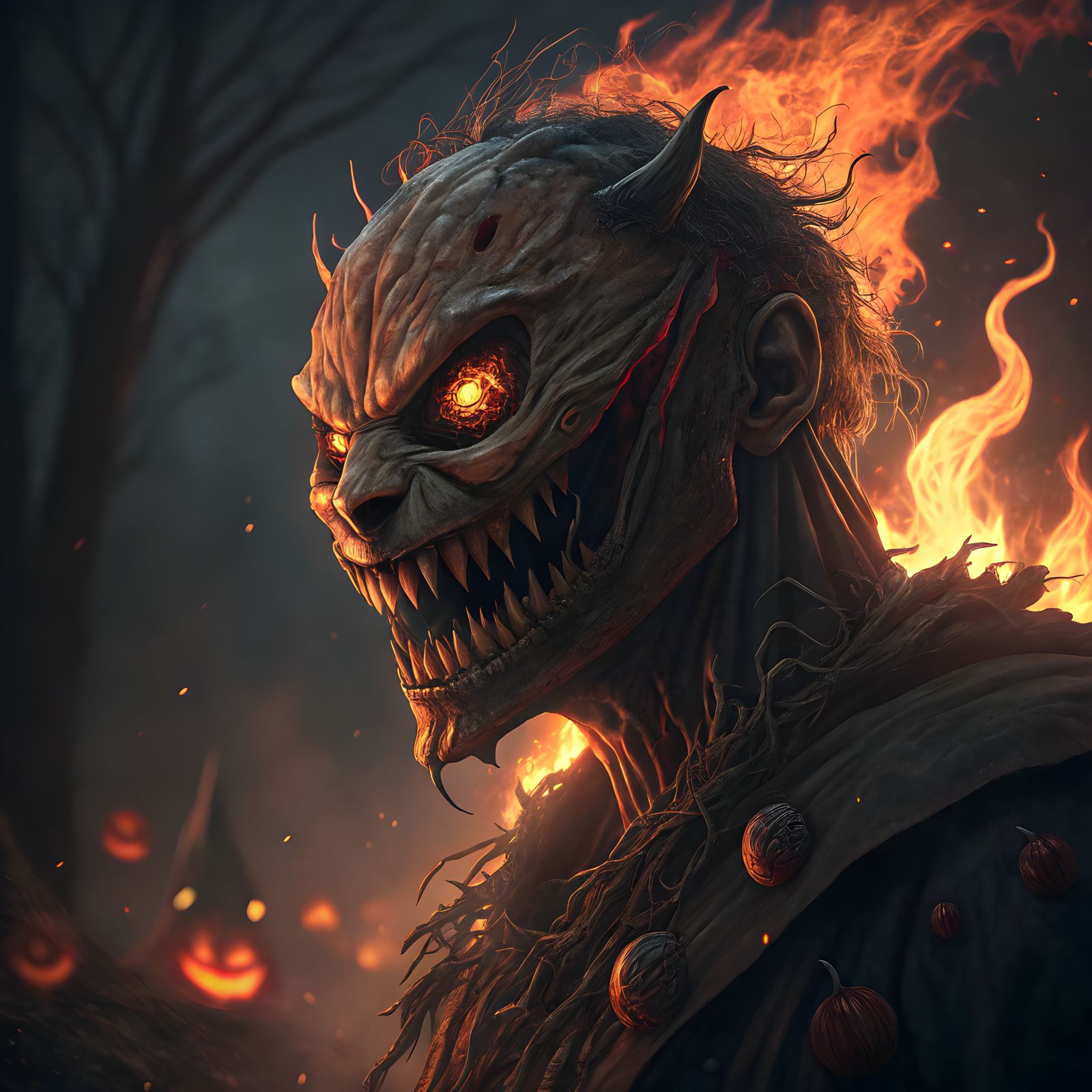 Grotesque, Pumpkin-Headed Monster in Hellish, Eerie Light