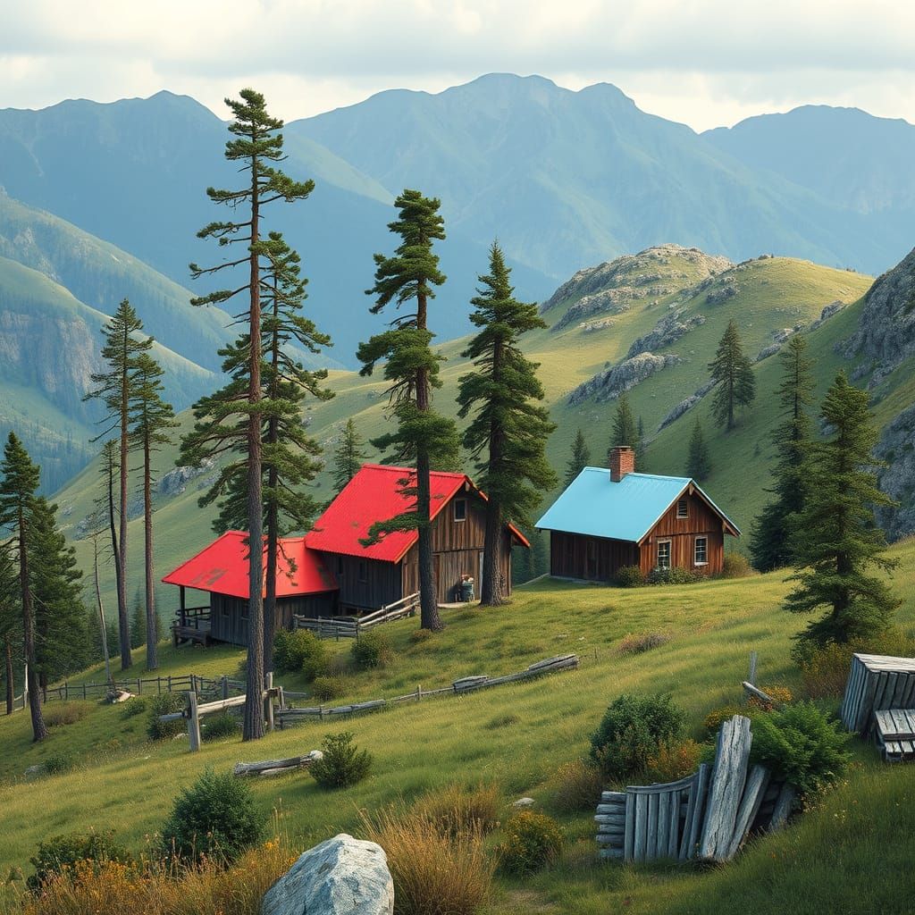 Idyllic Mountain Village Amidst Lush Pine Forests