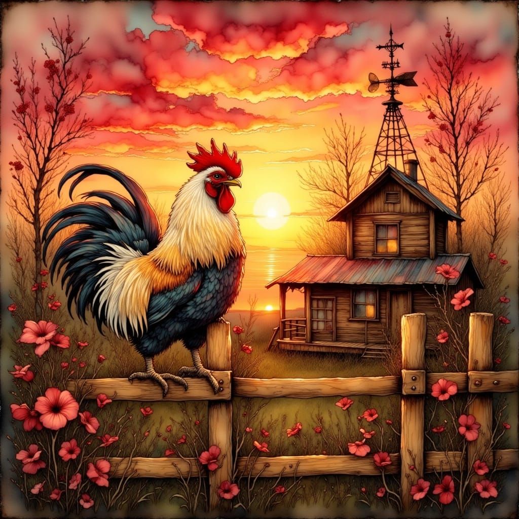 Stunning Rooster on Fence at Crimson Sunrise
