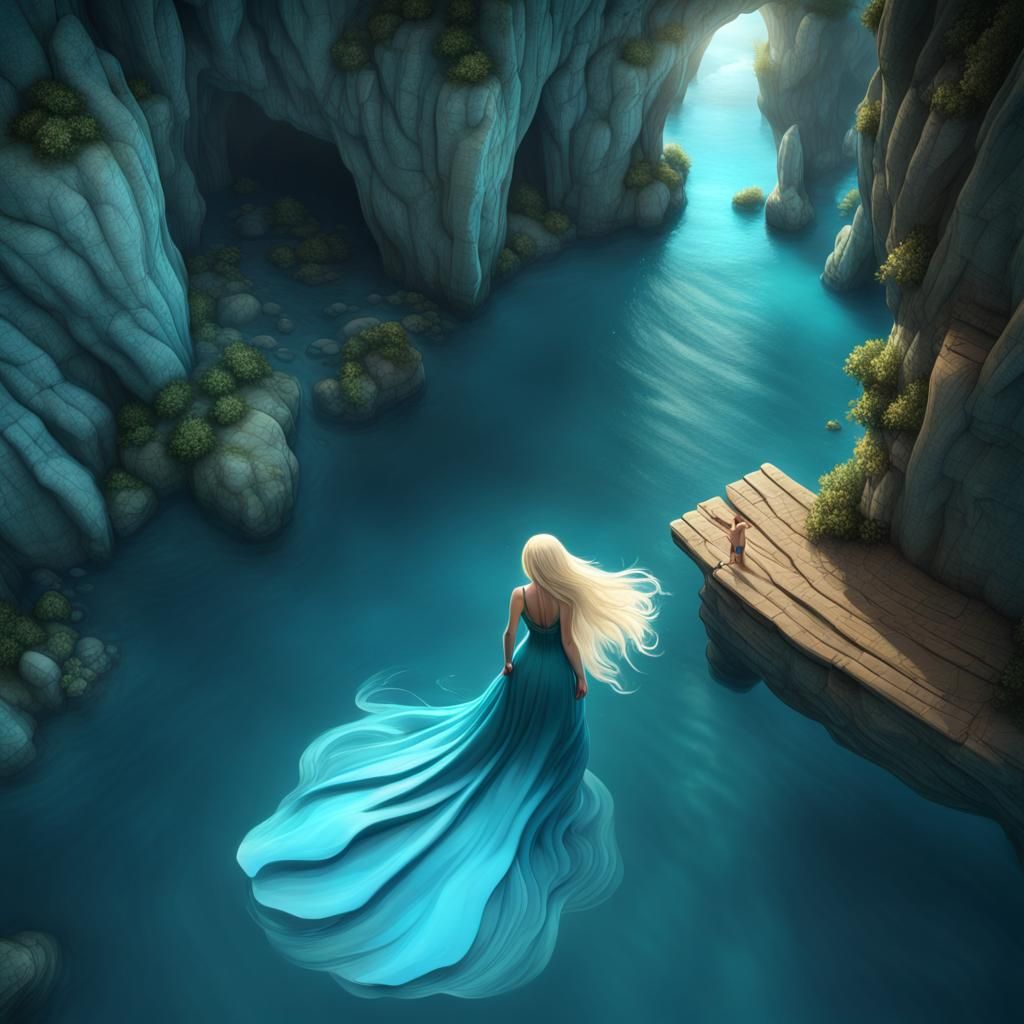 Girl in Turquoise Water, Fantasy Cavern Scene, Matte Paintin...