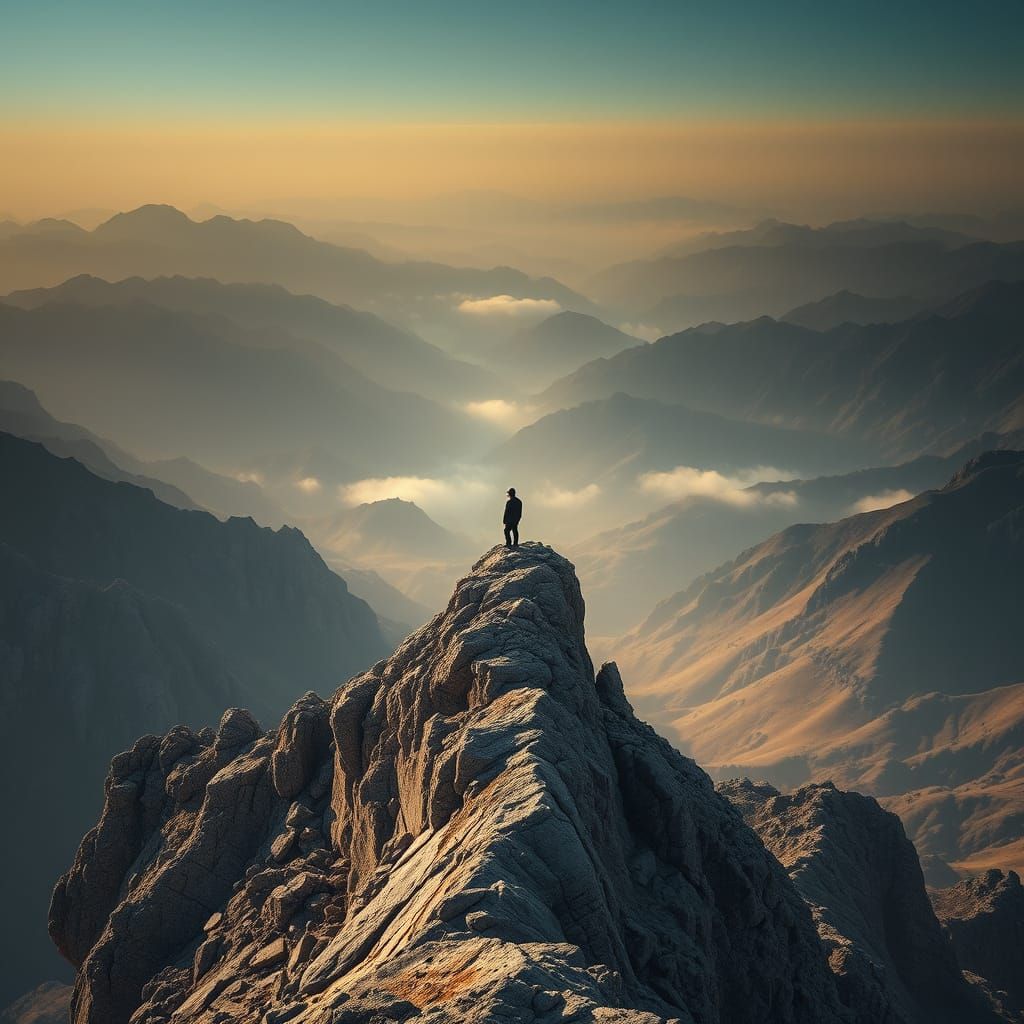 Lone Figure in Misty Mountains at Dawn