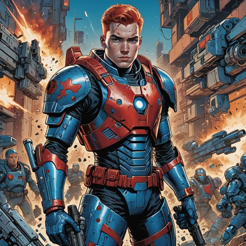 Young Man in Vibrant Blue Meta Armor with Blaster Gun