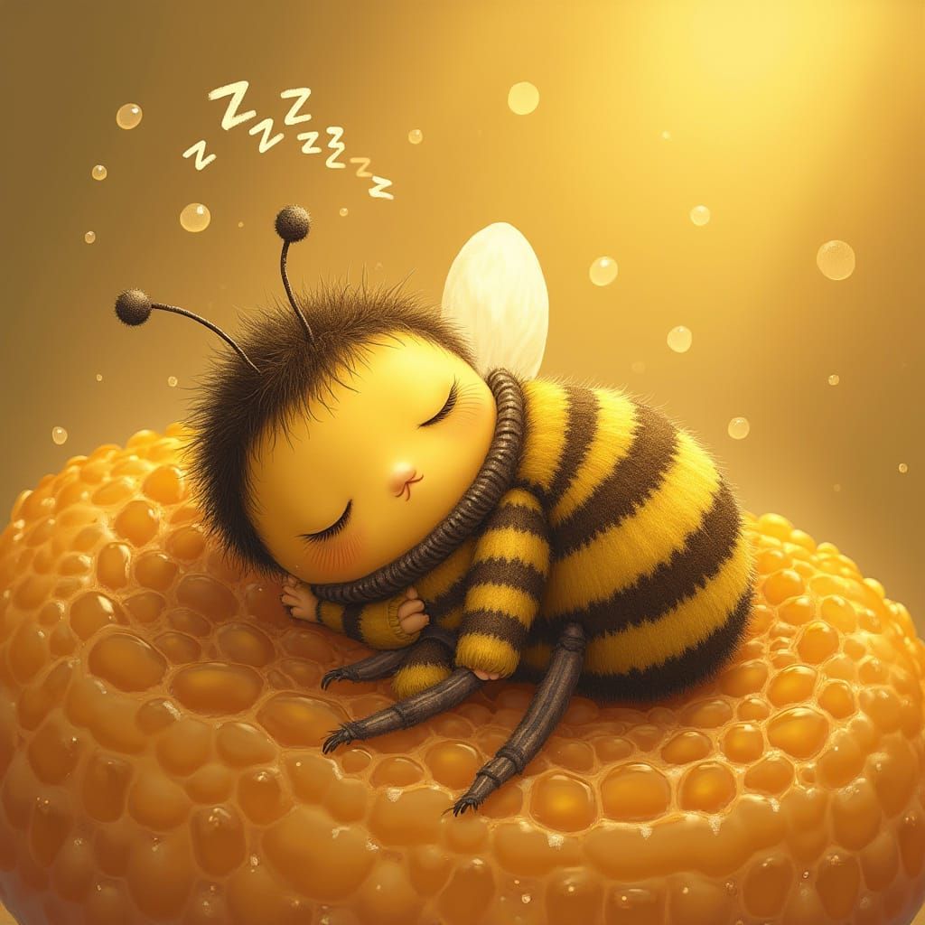 Sleeping Bee in Honeycomb Bed, Whimsical Art