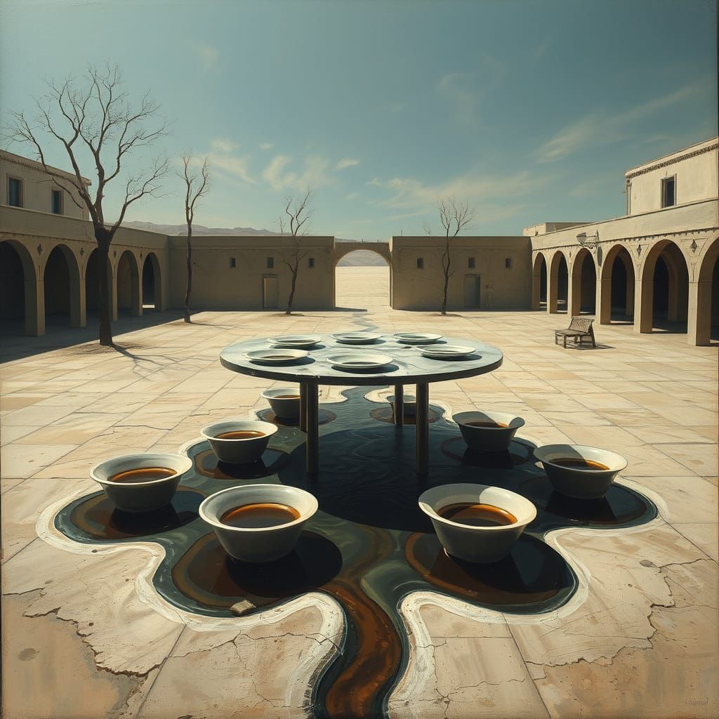 Surreal Plaza Breakfast: A Dalí-esque Oil Painting