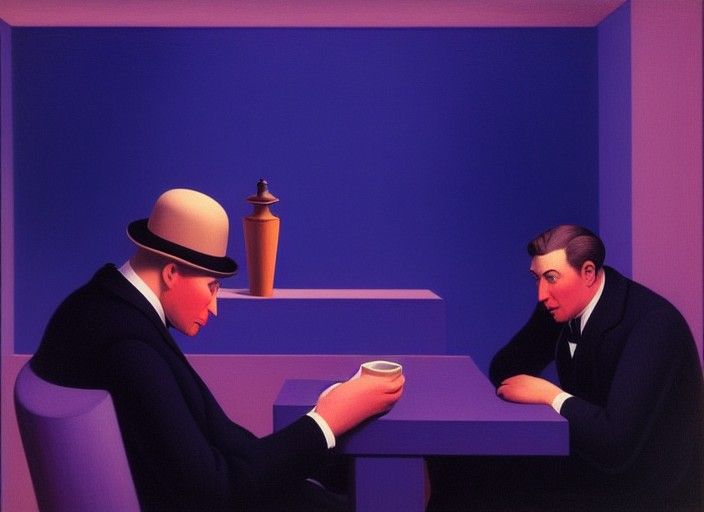 Surreal Gentlemen Gather in a Liminal Tea Room