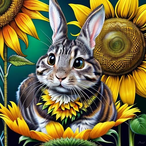 Psychedelic Rabbit and Sunflower in Van Gogh Style