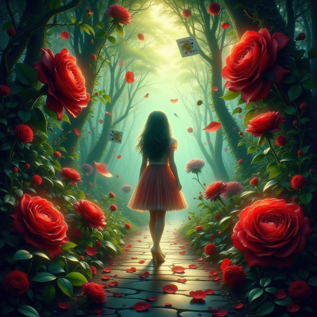 Magical Forest Path with Roses and Girl in Swirling Cards