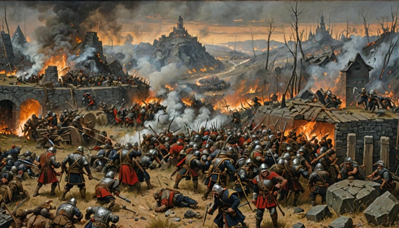 Epic Oil Painting Showcasing Brutal Battle Between Humans an...