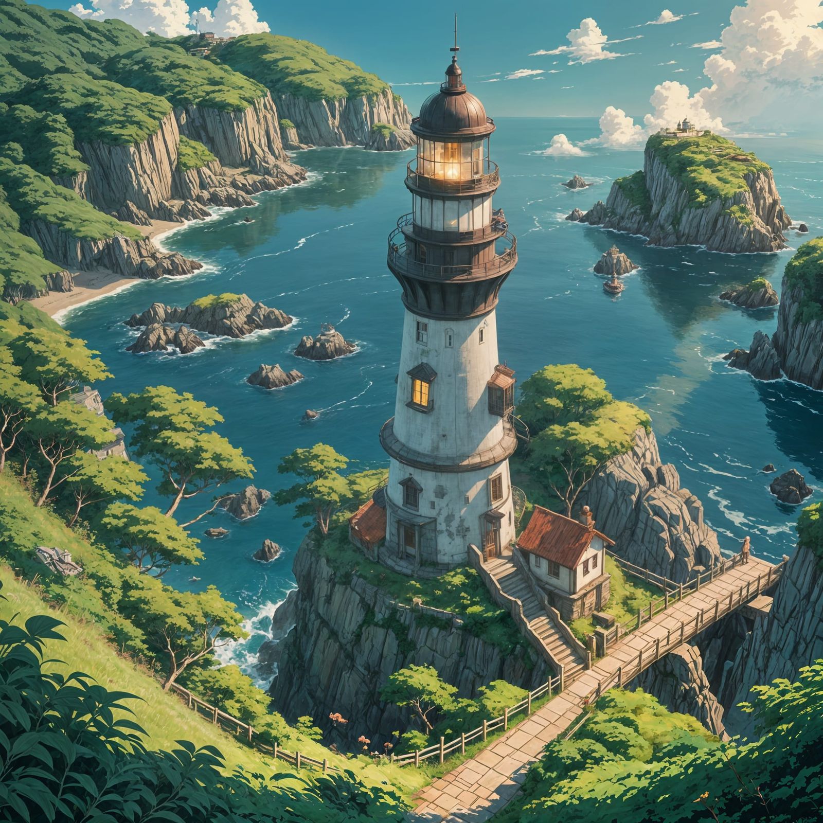 Whimsical Lighthouse by a Tiny Mouse in Studio Ghibli Style