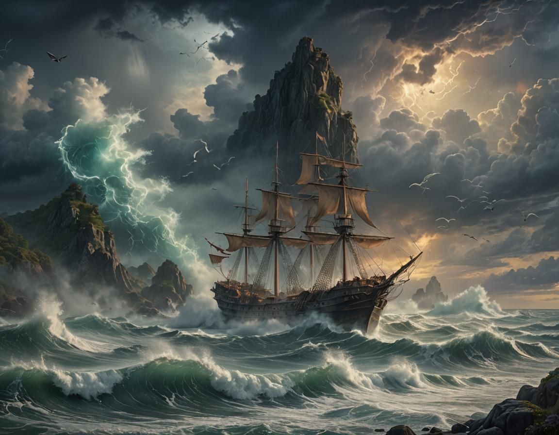 Ethereal Stormy Scene with Swirling Ocean in Cinematic Digit...