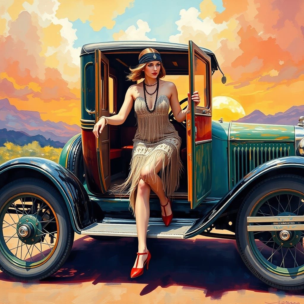 Flapper Stepping Out of Vintage Ford, Gouache and Watercolor...