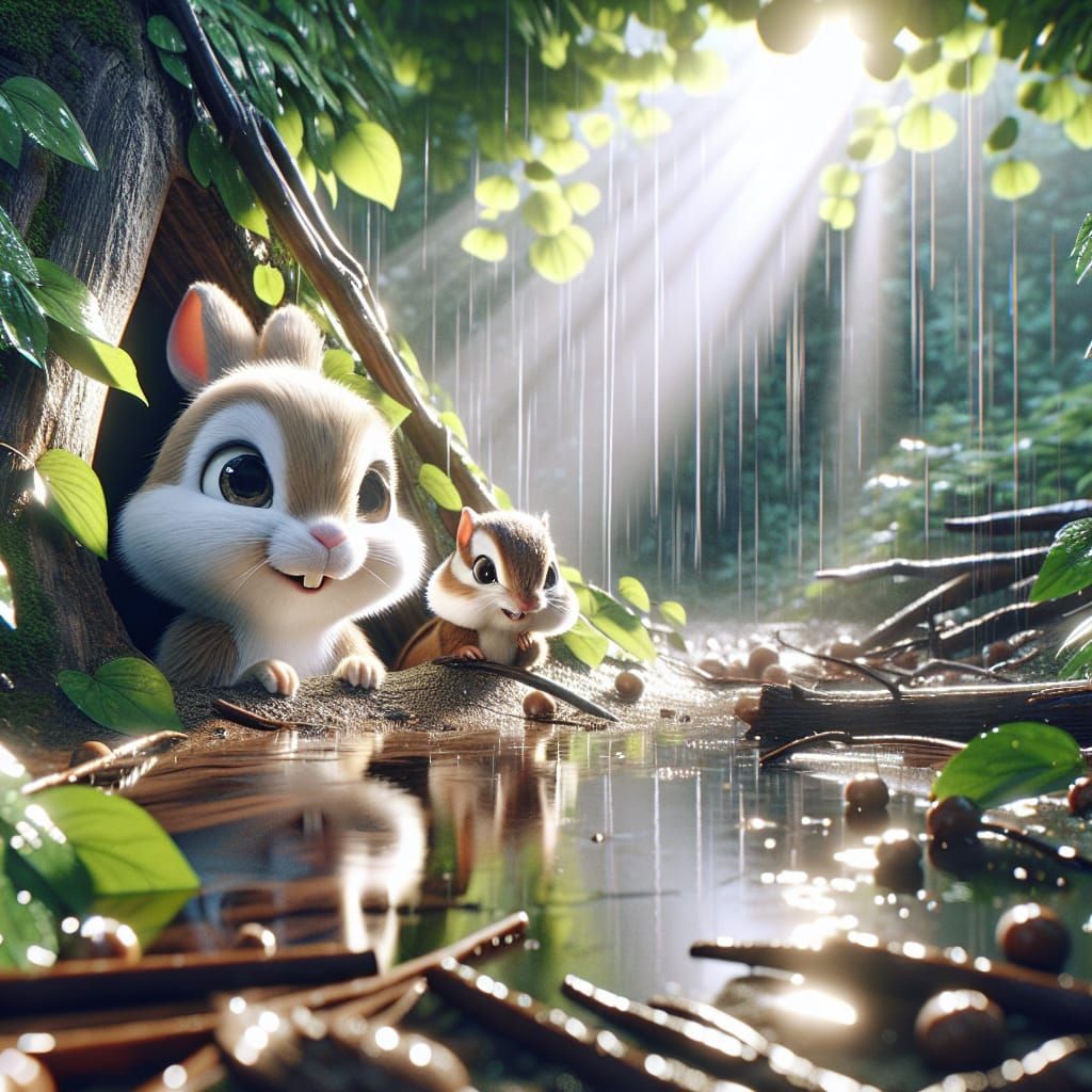 Charming Cartoon Friends Emerge from Rainy Forest Burrow