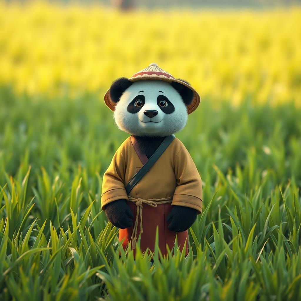 Panda Farmer in Rice Paddy: 3D Rendered Scene