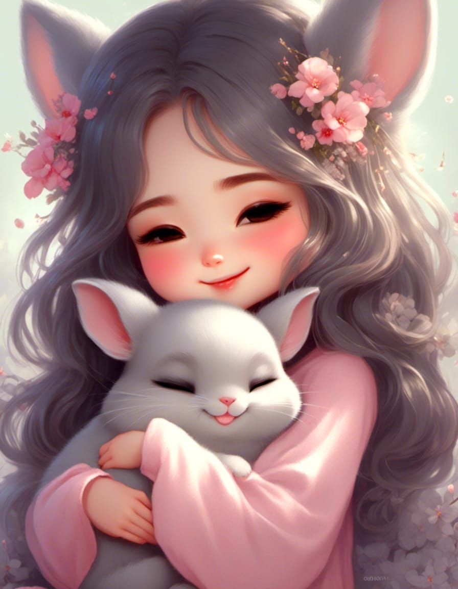 Chibi Girl with Sleeping Chinchilla: Supercute Innocence
