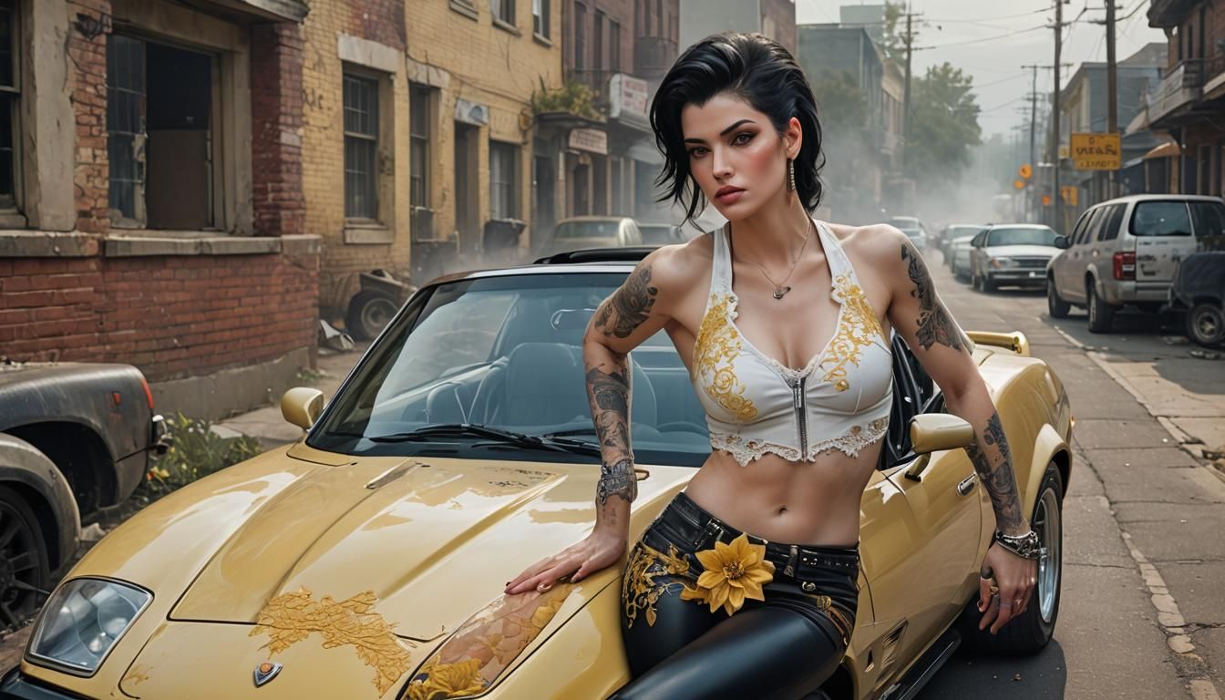 Ethereal Woman in Lace Leans on Sports Car in Hyperdetailed....