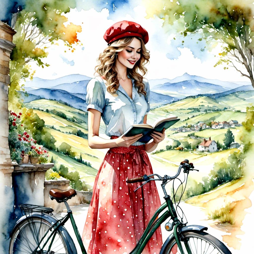 Whimsical Watercolor Woman in a Red Polka Dot Dress