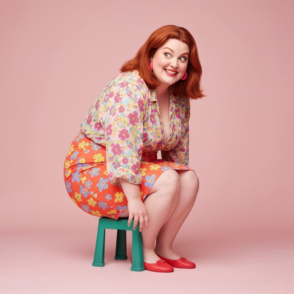 Woman on Child's Chair in Whimsical Style