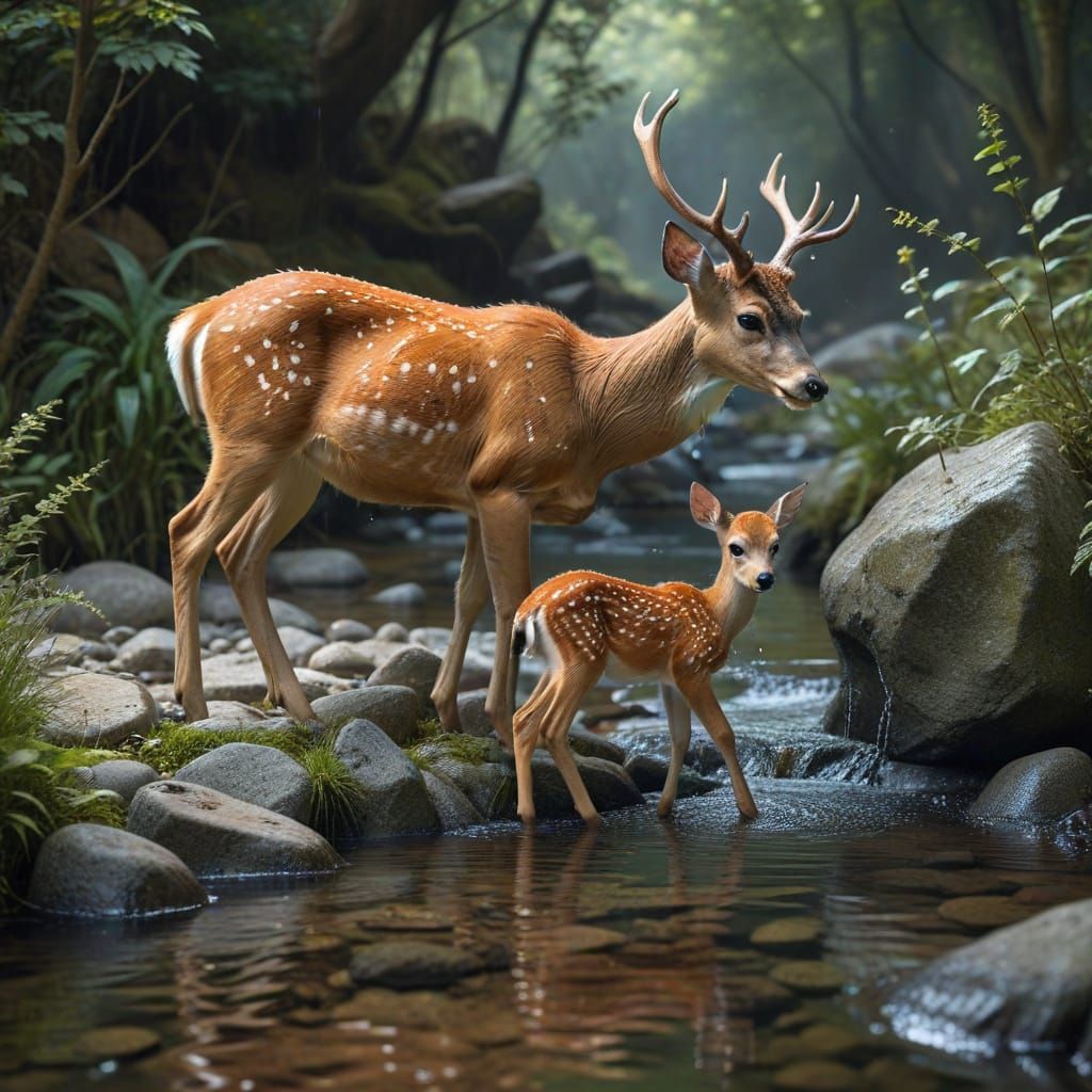 Luminous Deer Family at Rocky Stream