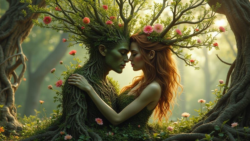 Tree People Embrace in Whimsical Woodland Scene