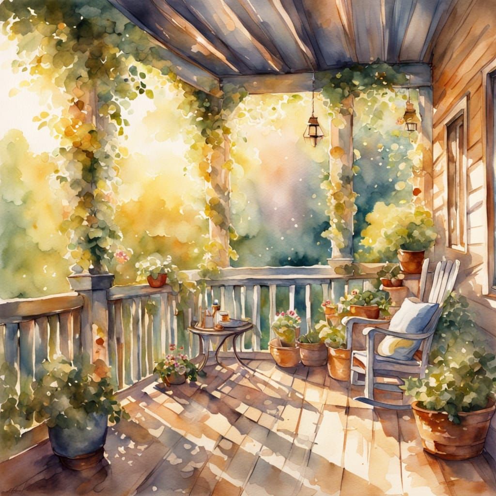 Fairytale Porch in Watercolor with Golden Light