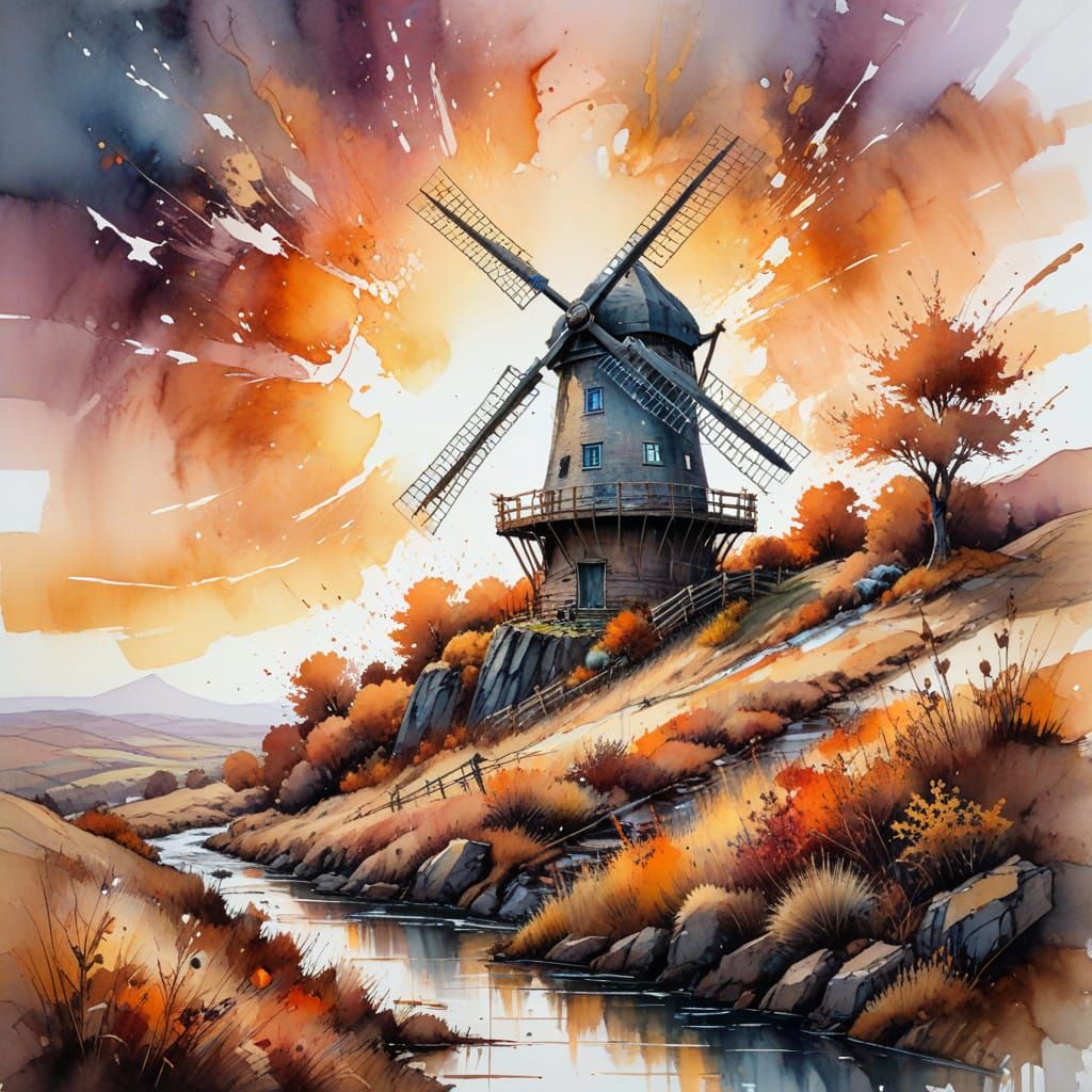 Surreal Autumn Windmill in Sunset Hues