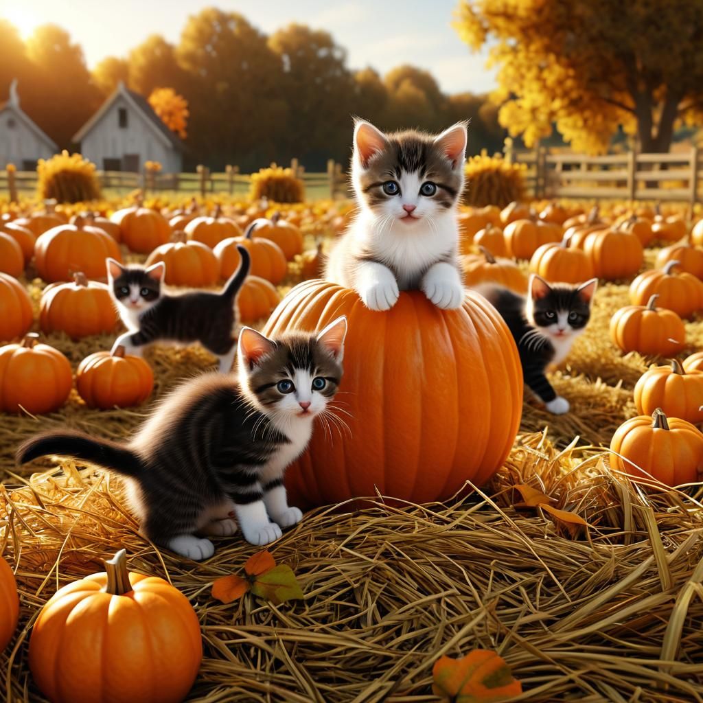 Kittens Play in a Vibrant Pumpkin Patch