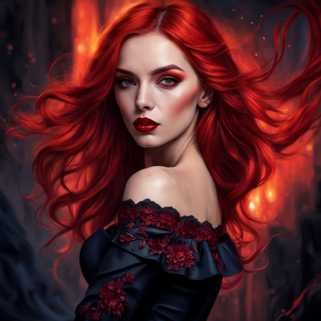 Gothic Woman with Fiery Hair in Dark Fantasy Setting