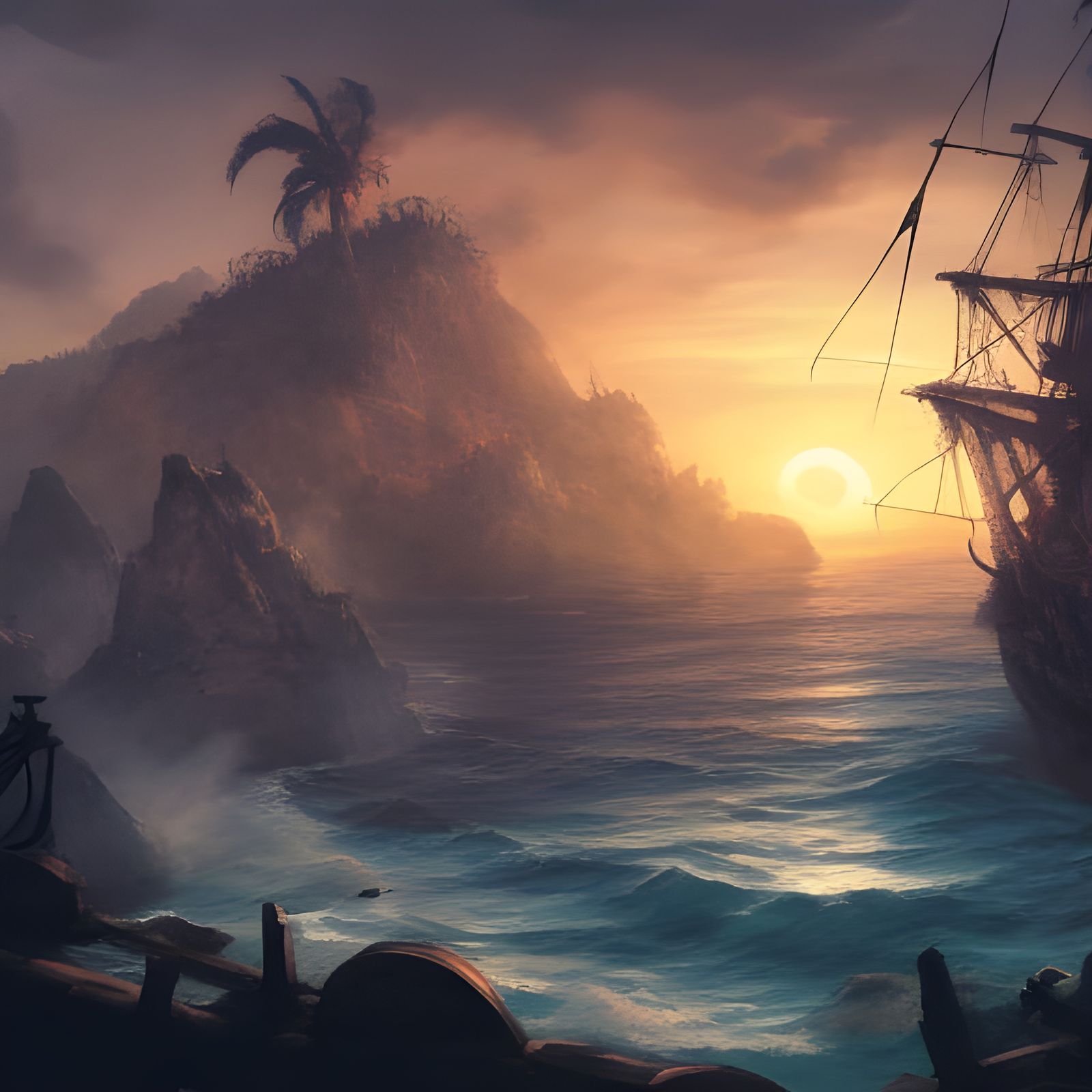 Surreal Pirate Epic on Treasure Island at Sunset