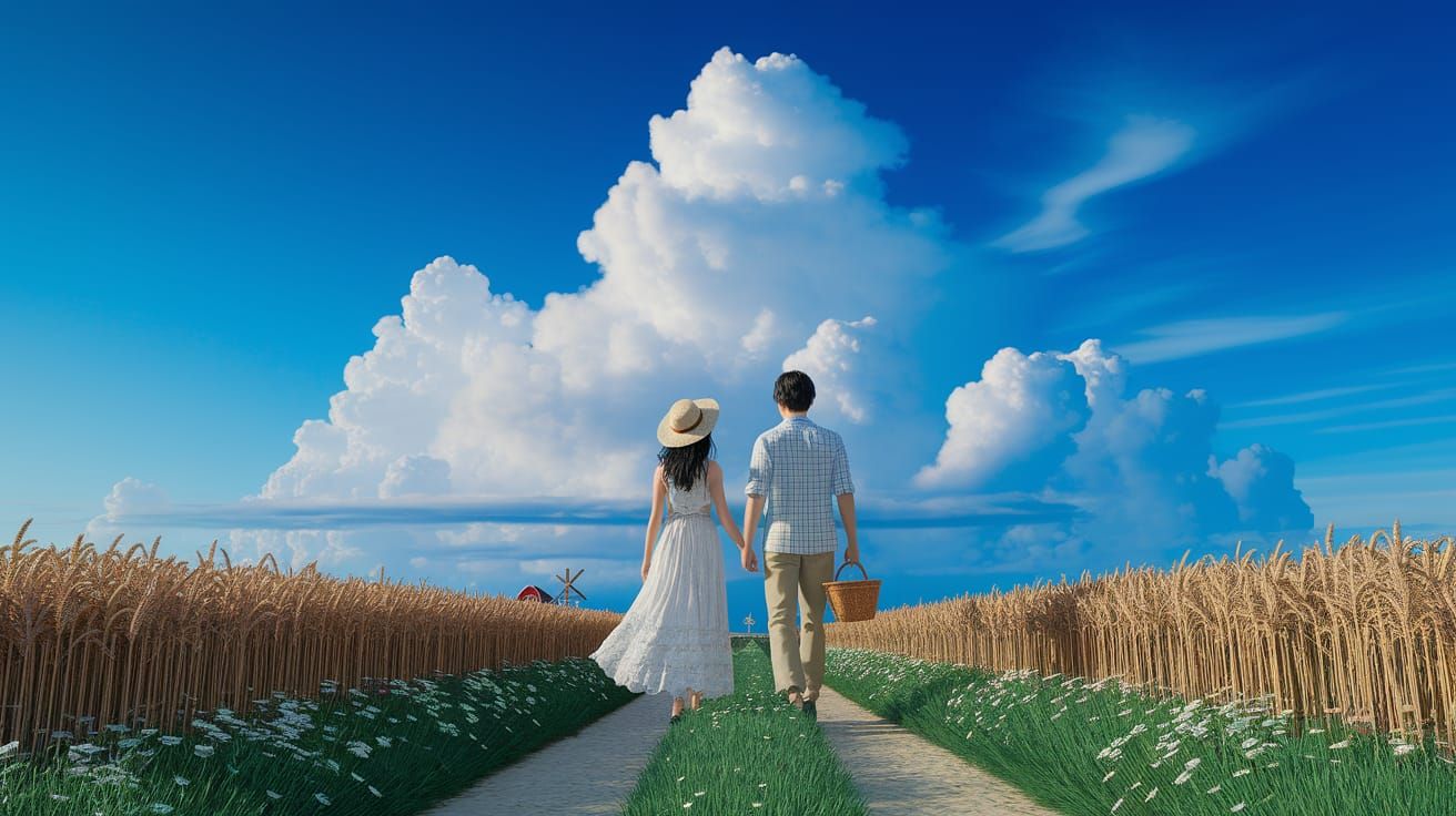 Anime Couple Stroll Through Golden Wheat Field