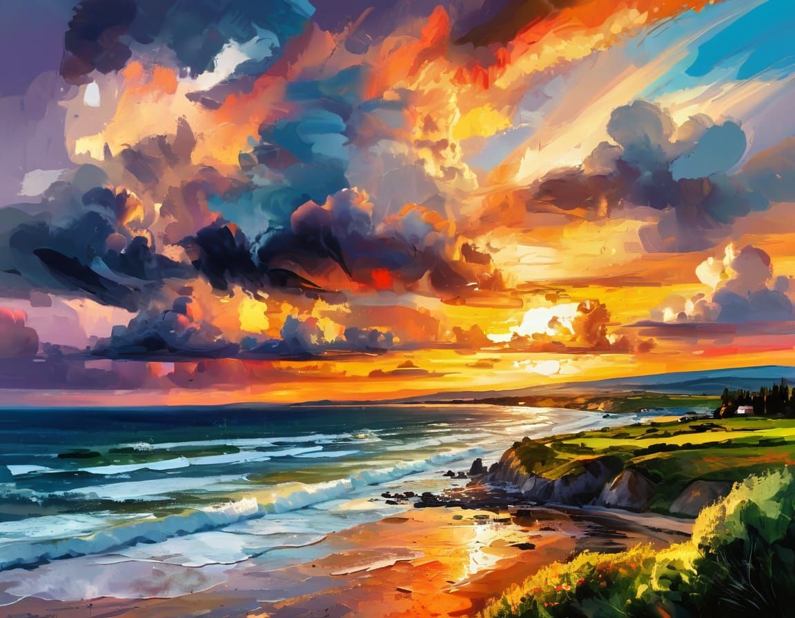 Ethereal Coast Sunset in Vibrant Brushstrokes