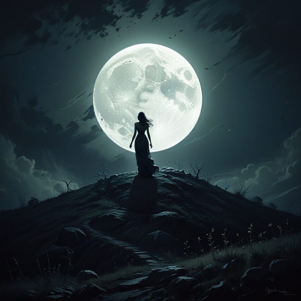Moonlit Figure on Hill: Surrealist Illustration