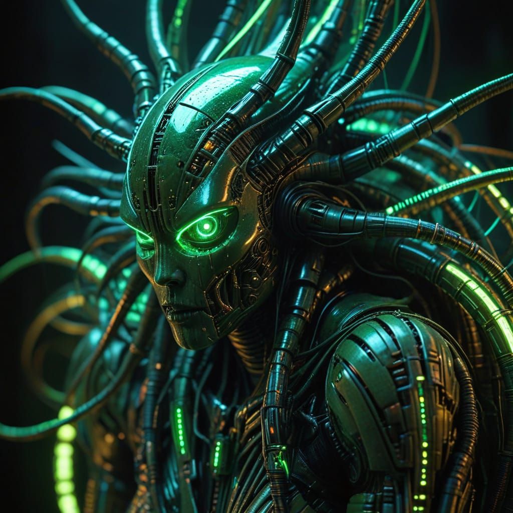 Cyberpunk Organic Fiber Network in Neon Noir Style