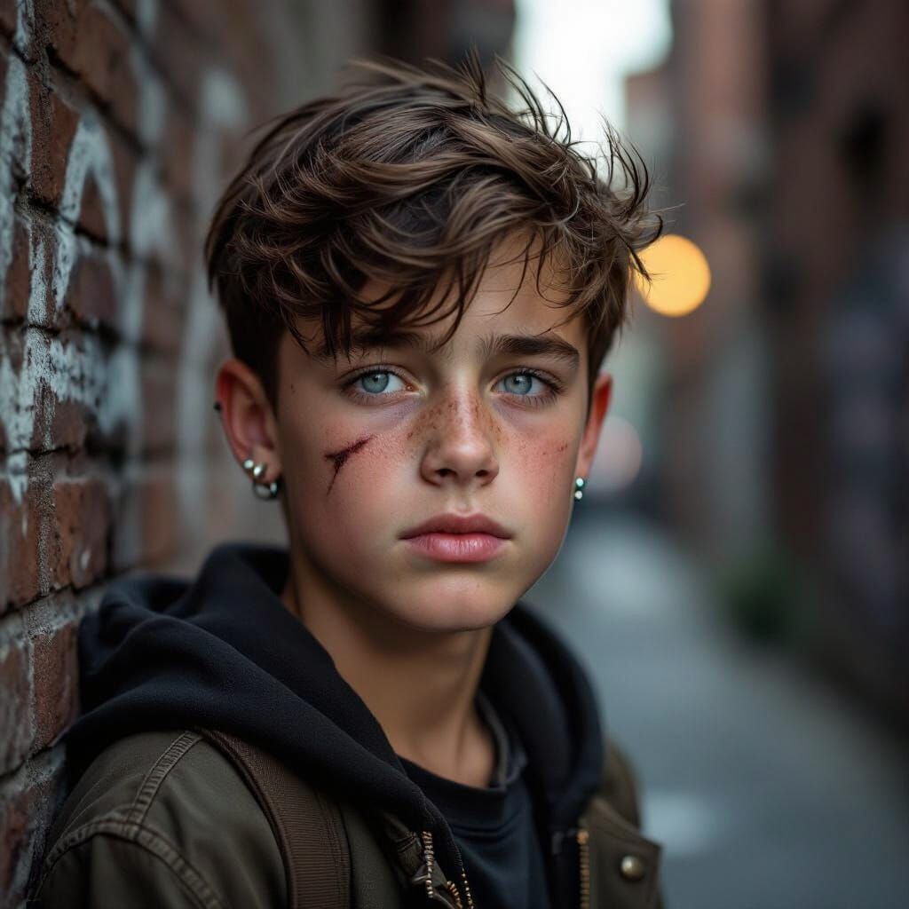 Gritty Portrait of a Homeless Teen with Scars and Piercings