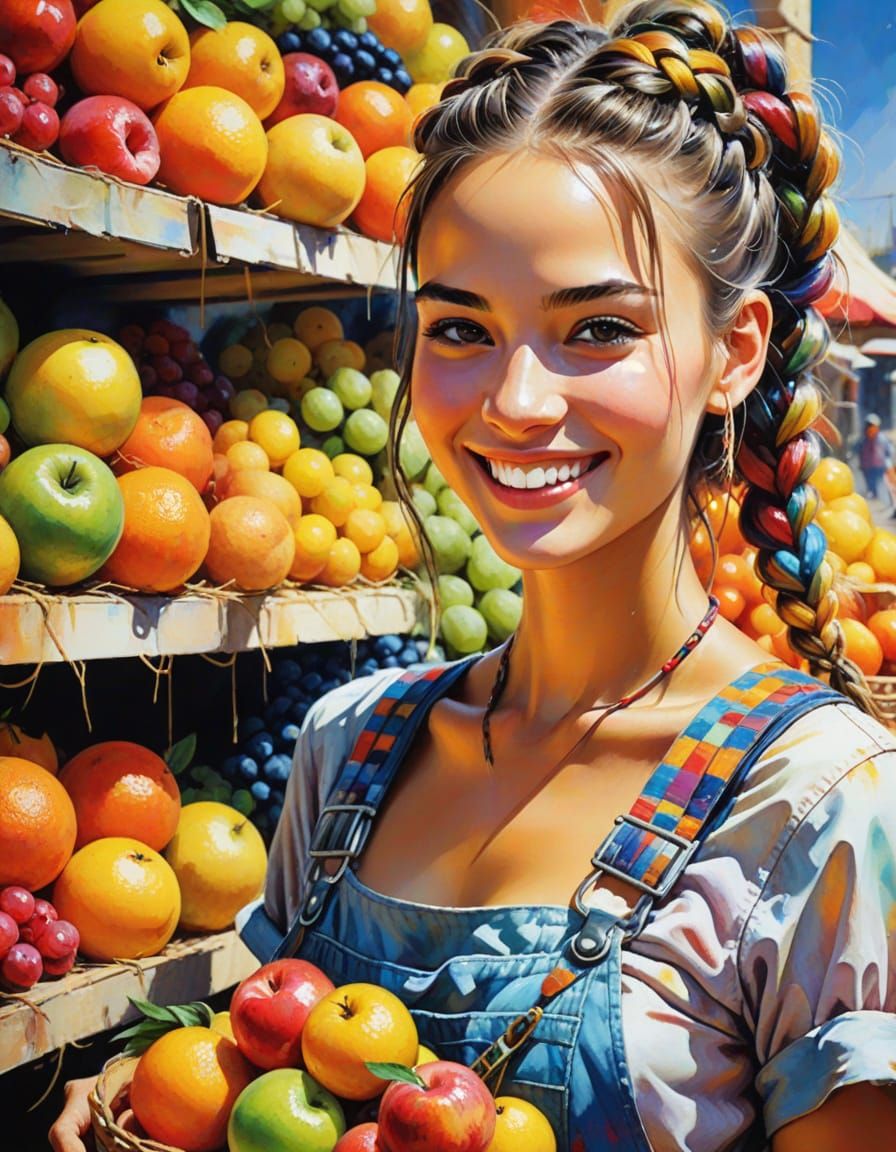 Smiling Woman Selling Fruit in Abstract Style