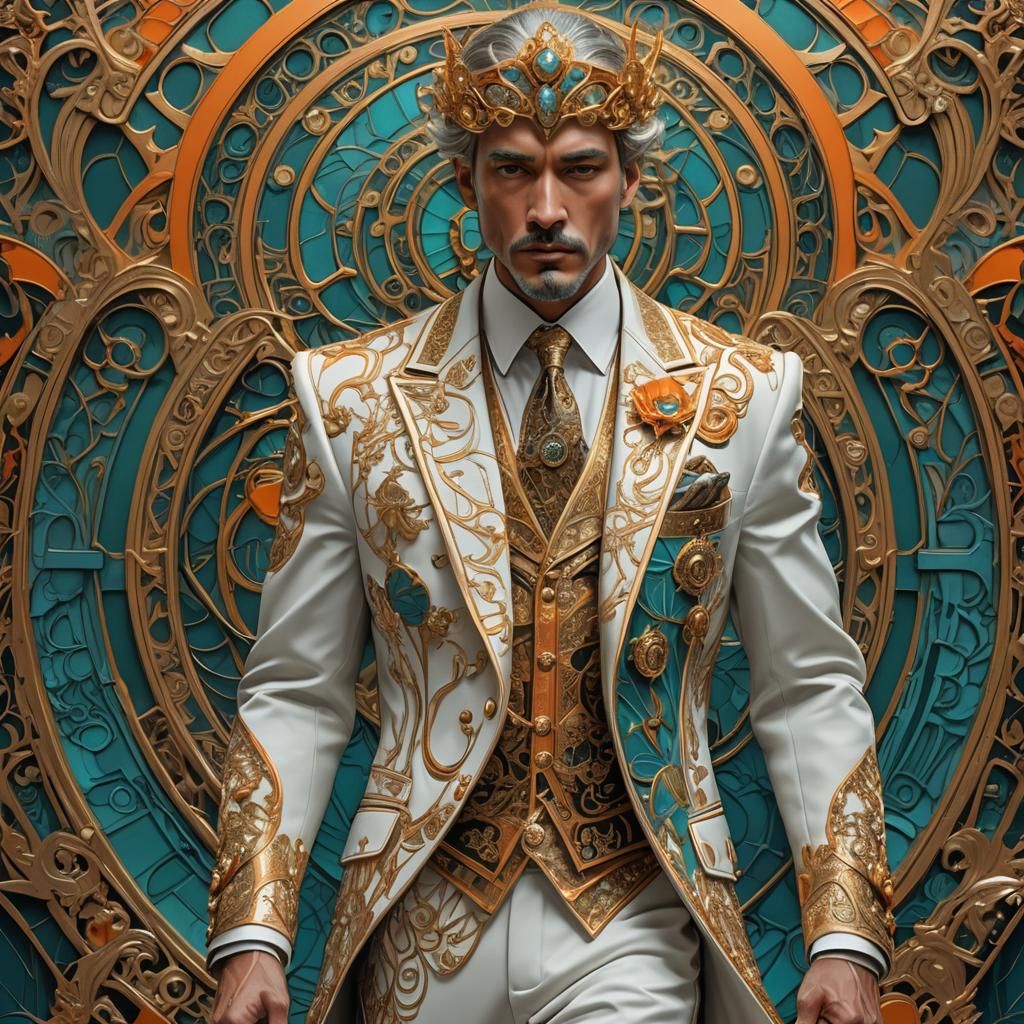 Art Nouveau Emperor Struts Down Runway in Stunning 24k White...