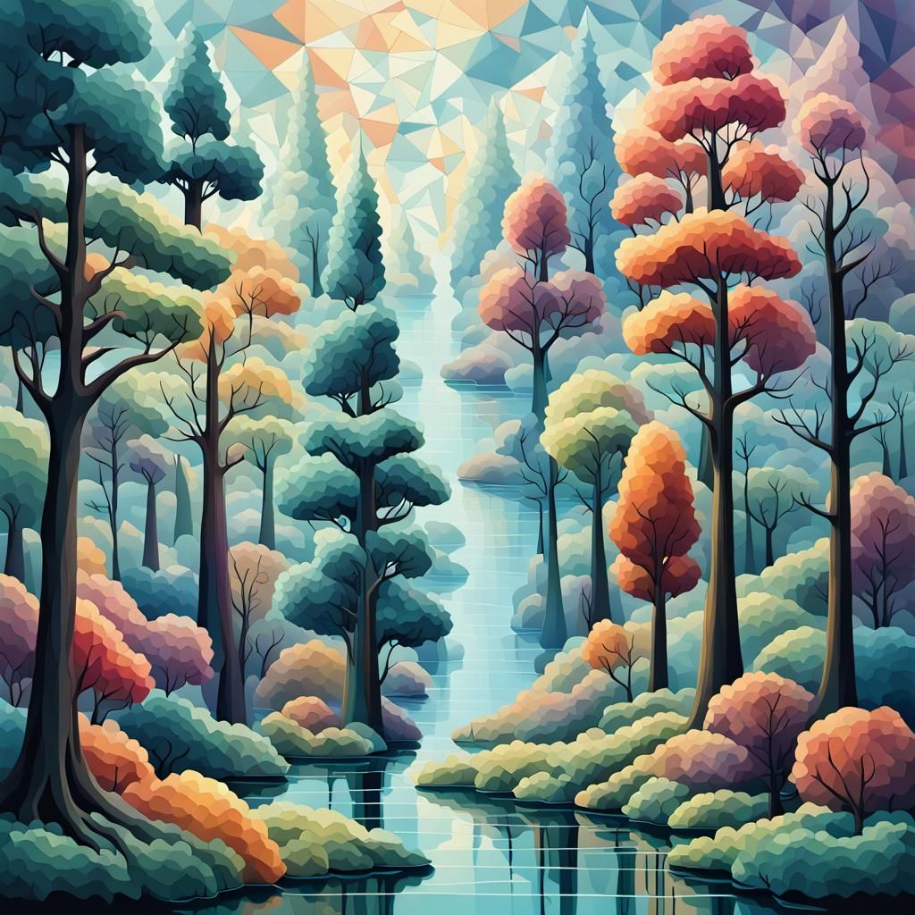 Vibrant Cubist Fantasy: Hyperdetailed Plastic Trees in a Dre...