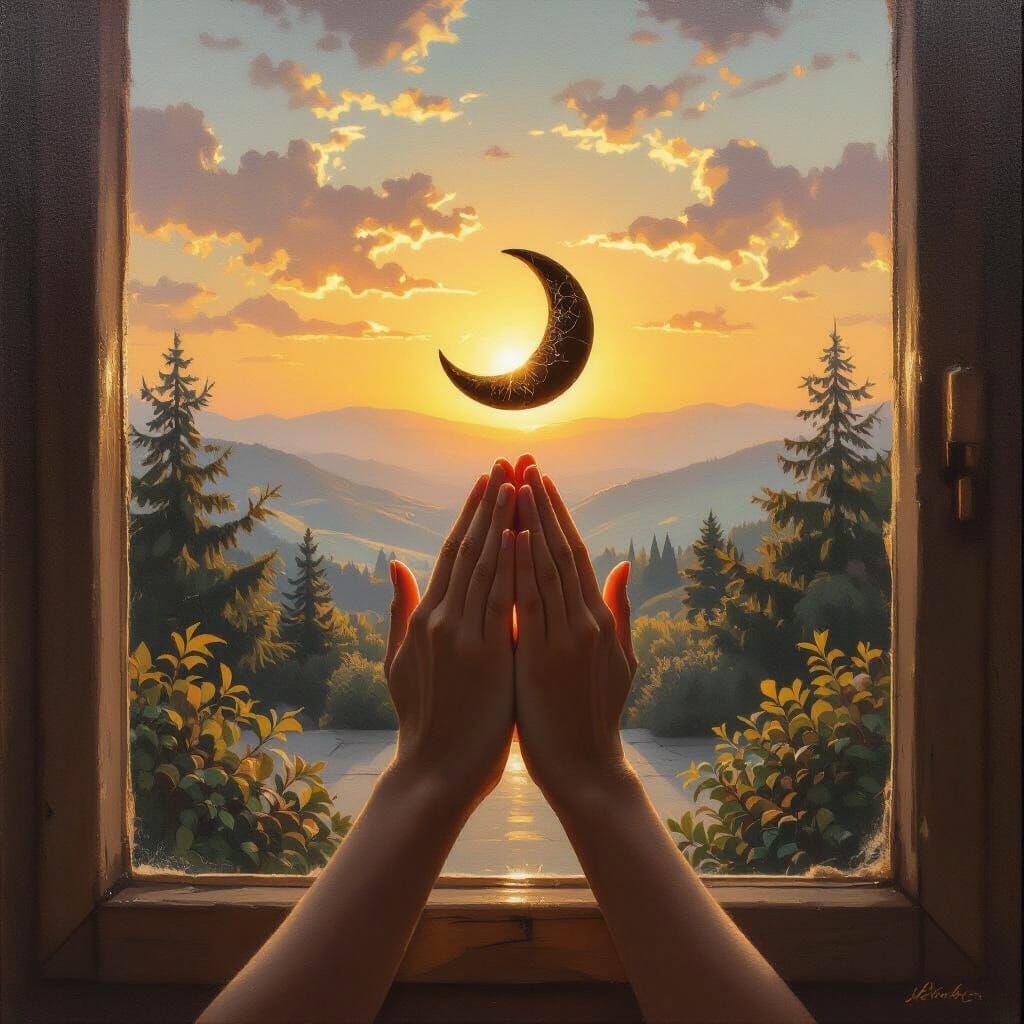 Praying Hands Facing Golden Chocolate Croissant in Warm Dawn...