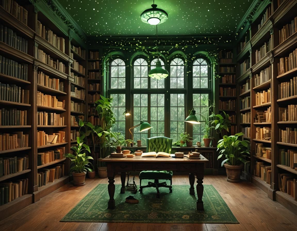 Quiet Writers Table Amidst a Neglected Library with a Green....