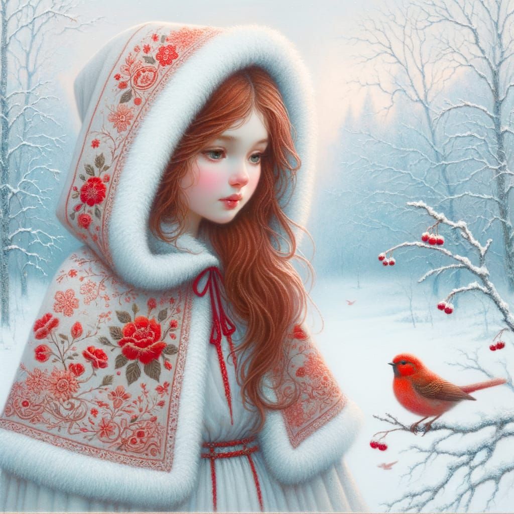 Girl in Snow Wearing Floral Cloak with Red Bird