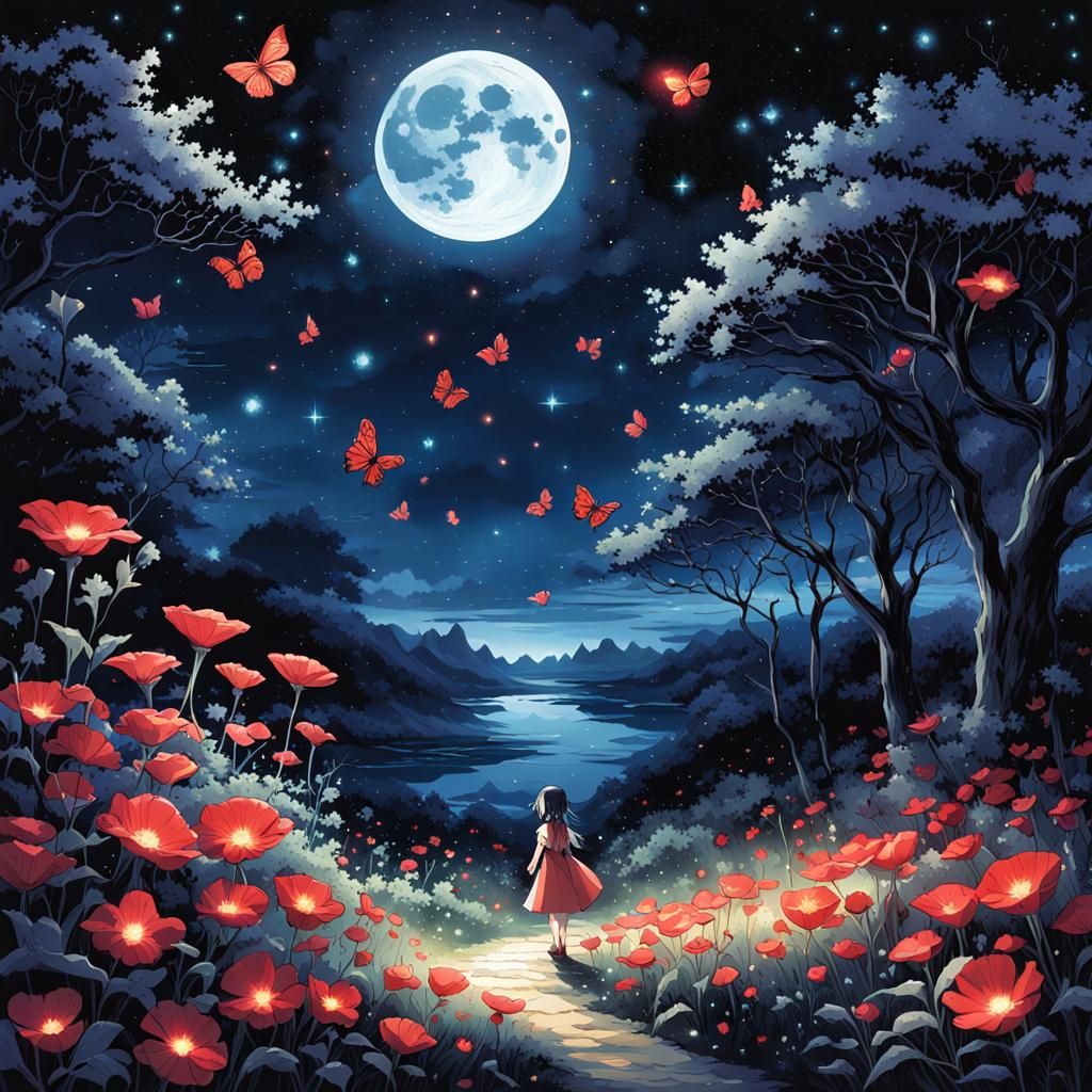 Starry Night Bloom of Rare Red Moonpetals