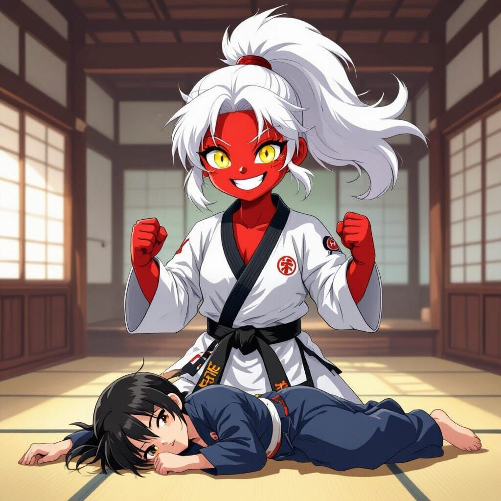 Victorious Red-Skinned Karate Girl in Anime Style