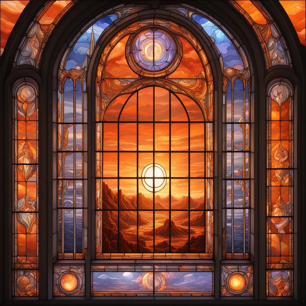Vibrant Autumnal Window in Stained Glass and Neon Hues