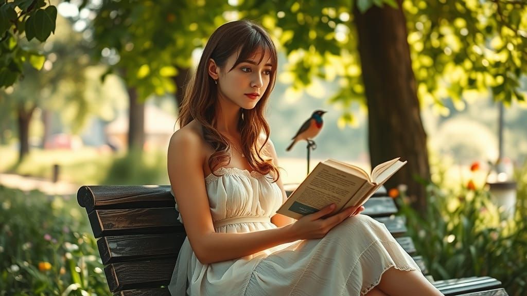 Dreamy Watercolor Scene of a Young Woman in a Lush Park