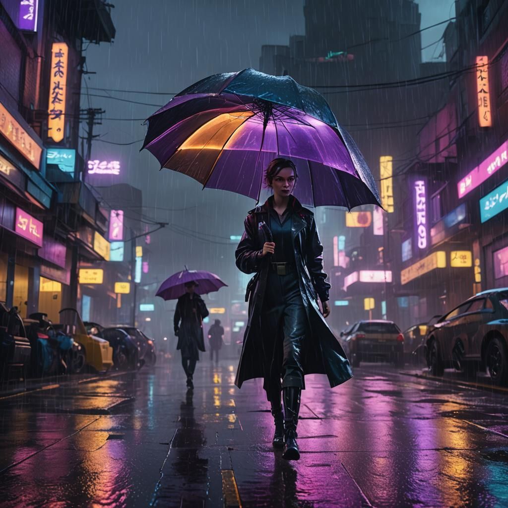 Mary Poppins in a Cyberpunk Cityscape