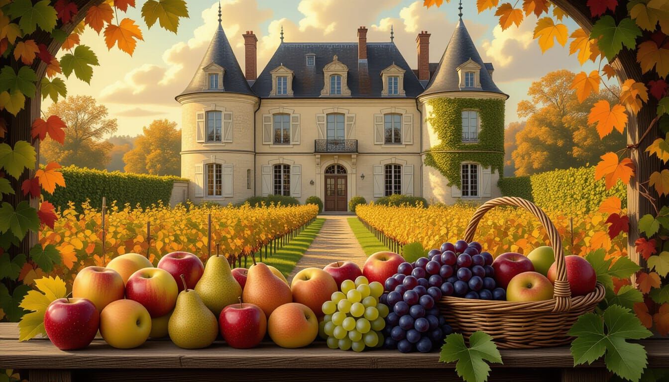 Chateau in Golden Light with Autumn Harvest