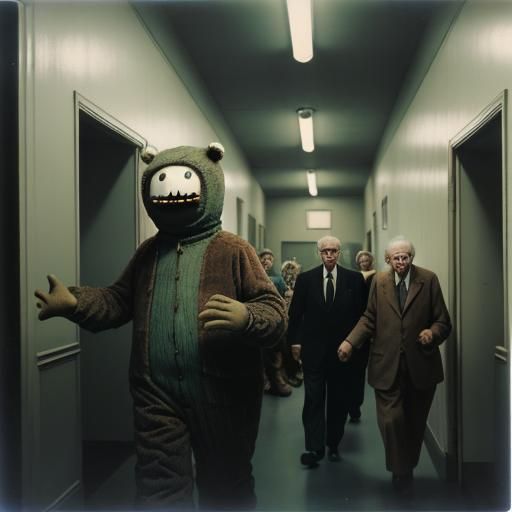 Surreal Vintage Scene of a Large Person Chasing Seniors at a...