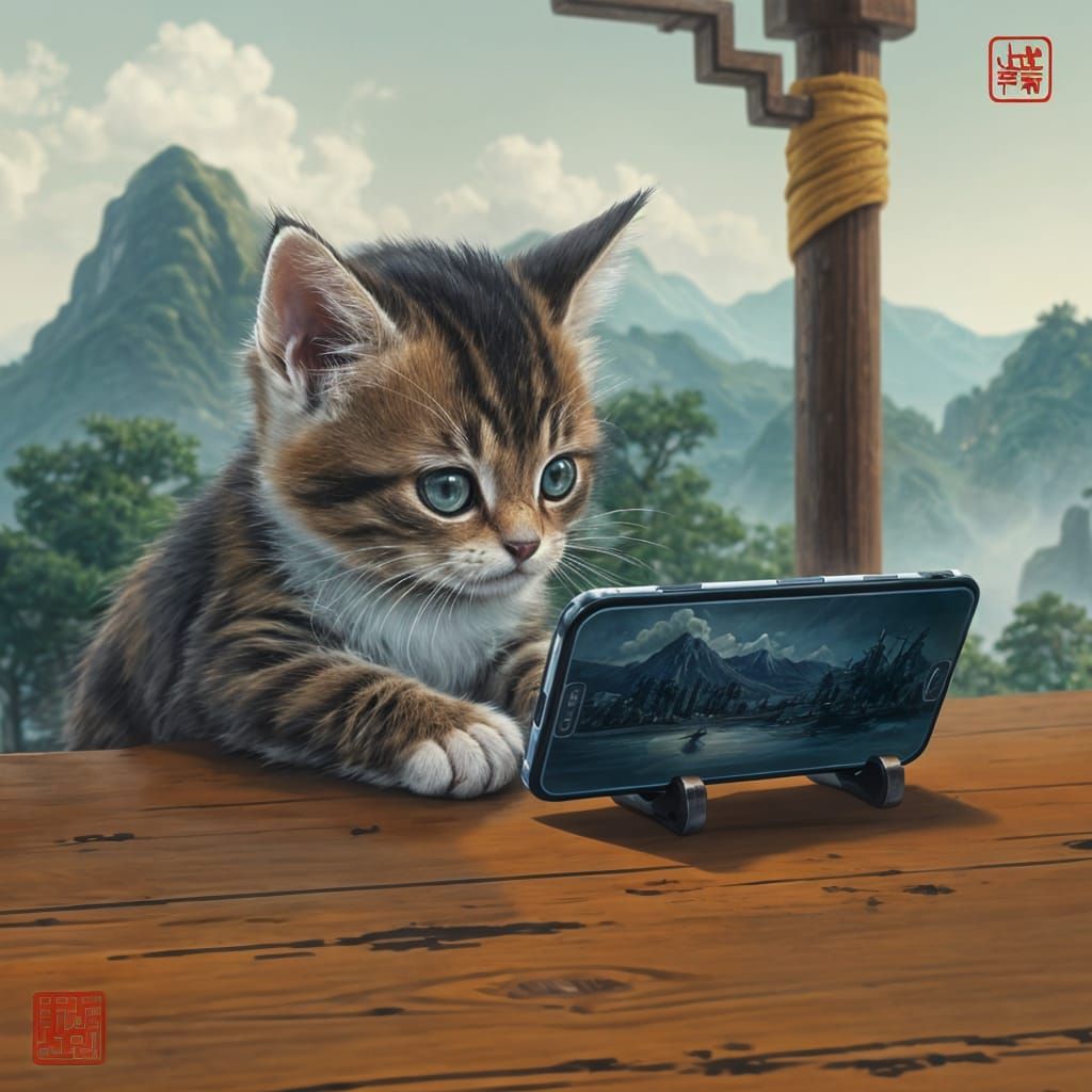 Traditional Chinese Kitten Gazing at iPhone in Whimsical Lan...
