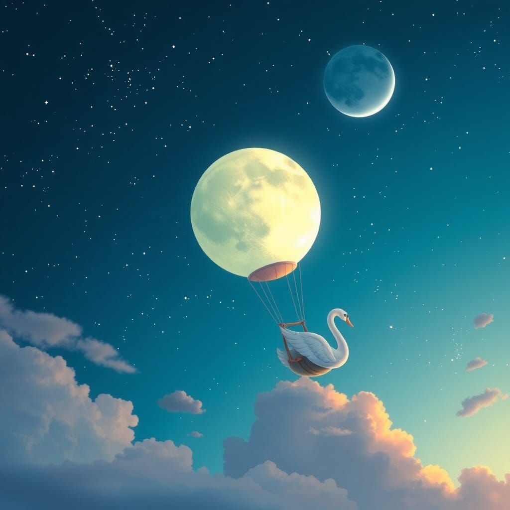 Moon Balloon Soaring to Swan Comet, Dreamy Anime Style