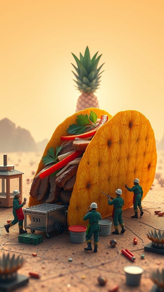 Micro People Construction Site Crafting a Colossal Tacos Al ...